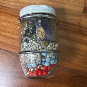 Vintage to modern mystery Jewelry‎ Lot Necklaces Earrings Brooches Mixed Vtg jar